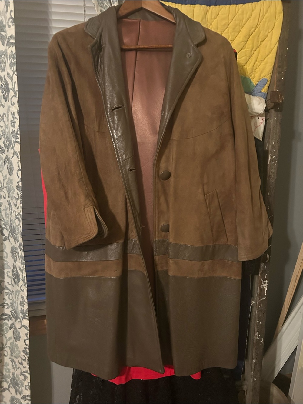 Women's Two-Tone Brown Leather & Suede Long Jacket